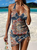 Blue and Red Retro Carpet Pattern Print Pleated Drawstring V-neck Tankini Pantskirt Set Swimsuit