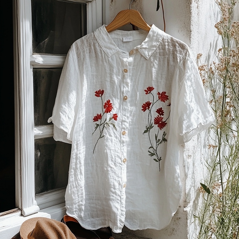 Vintage Floral Embroidery Art Lapel Loose Blouse elevenforest