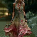 Vintage Gradient Rose And Floral Embroidered Linen Sleeveless Midi Dress elevenforest