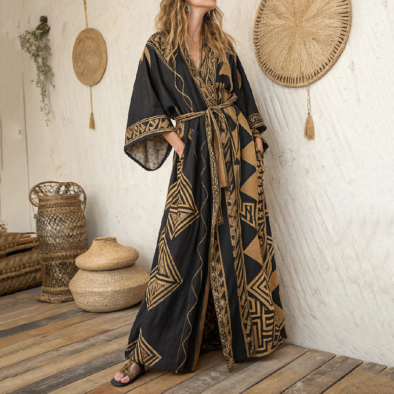 Women's Vintage Ethnic Art  Linen V-neck Robe elevenforest