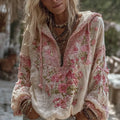 Women's Vintage Floral Embroidery Pattern Warm V-neck Hoodie elevenforest