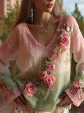 Elegant Boho Roses Embroidered Gradient Comfy Linen Shirt elevenforest