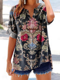 Women's Retro Ethnic Totem Floral Art Print Short Sleeve Cotton and Li