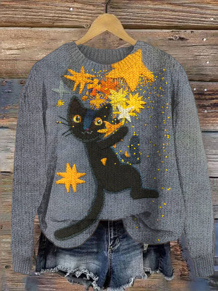 Cat Picking Stars Knit Crew Neck Cozy Sweater elevenforest