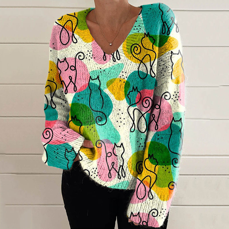 Cat Art Print V-Neck Knitted Sweater elevenforest