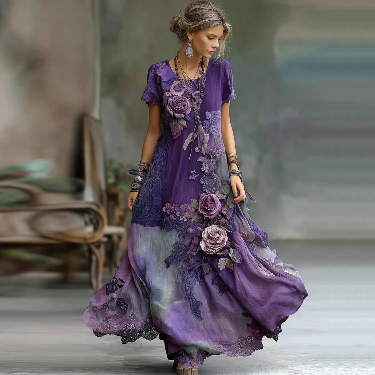 Vintage Bohemian Embroidered Floral Patchwork Short Sleeve Maxi Dress elevenforest