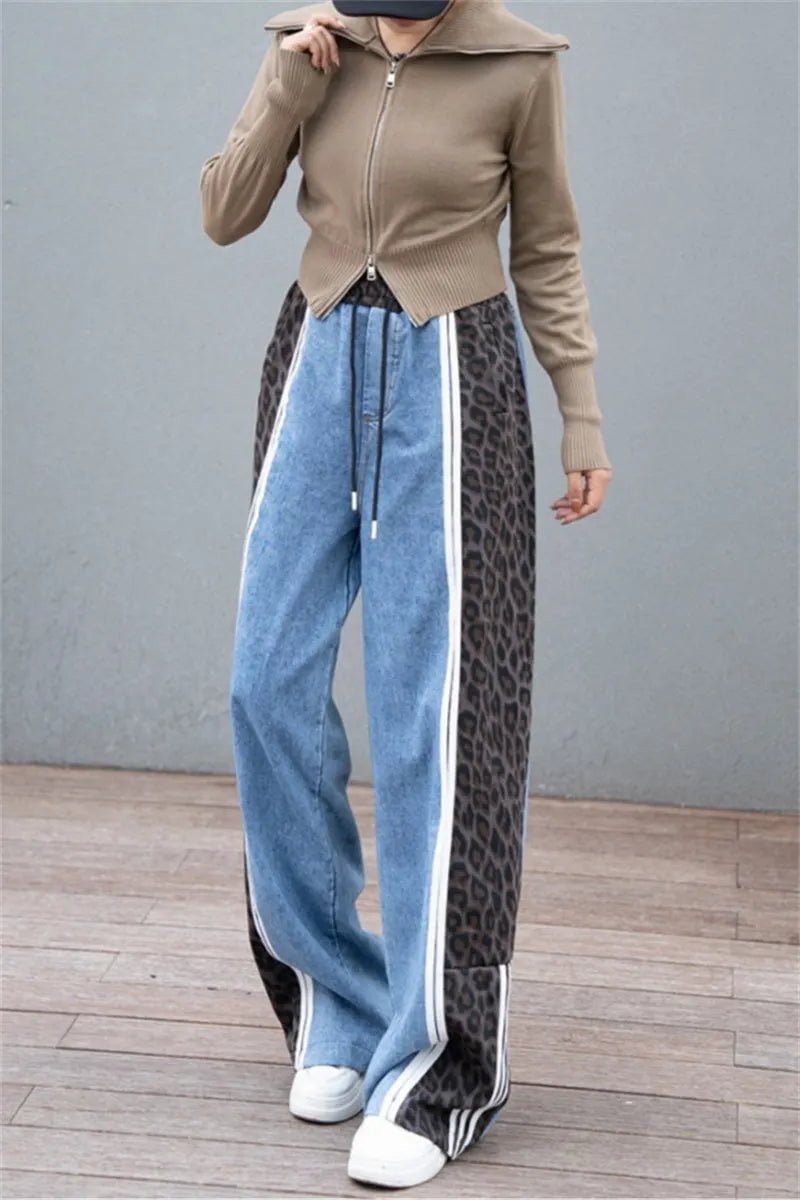 Leopard Print Patchwork High Waist Straight Denim Jeans