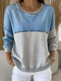 Women'S Casual Round Neck Denim Patchwork Sweatshirt 