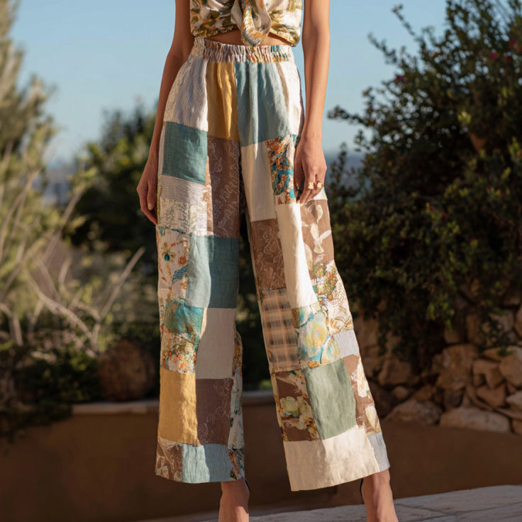 Women's Retro Bohemian Floral Patchwork Linen Trousers elevenforest