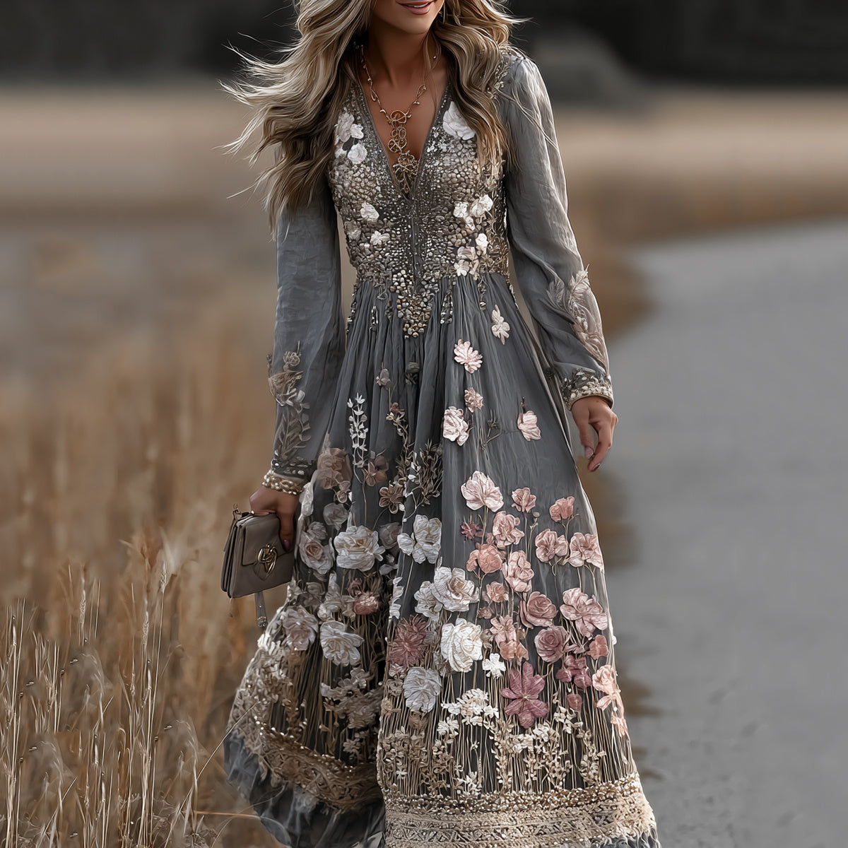 Women's Vintage Floral Art Comfy Linen Maxi Dress elevenforest