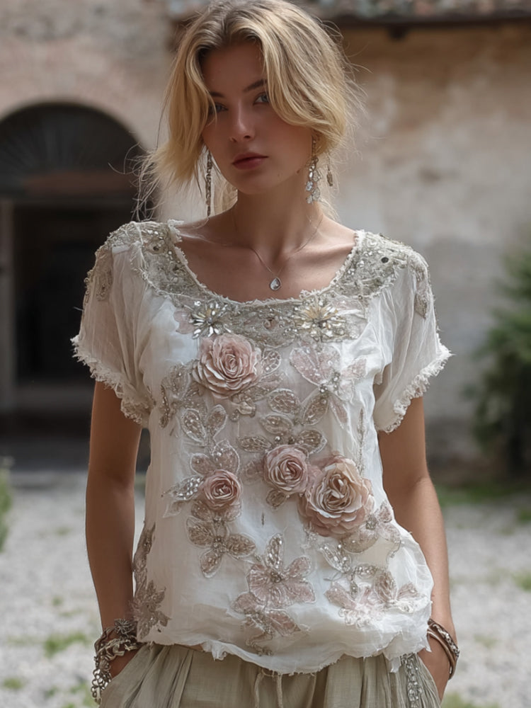 Vintage Bohemian Style Rose Sequin Casual Short Sleeve Shirt elevenforest