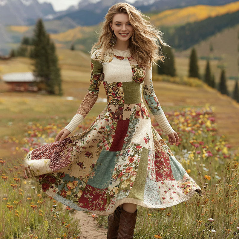Women's Patchwork Floral Art Cozy Knit Maxi Sweater Dress elevenforest