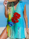Women's Vintage Floral Painting Printed Pattern Casual V Neck Beach Dress