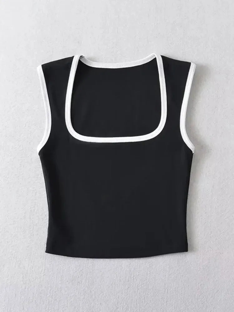 Woman Slim Contrust Camis Sleeveless Tanks Square Collar Crop Tops Clothing Mujer Y2k