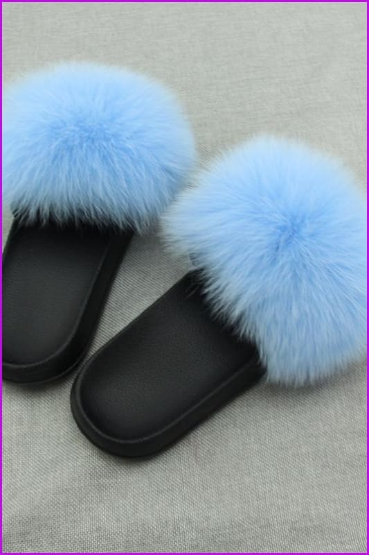 Sky Blue Fox Full-pelt Fur Sliders Df003
