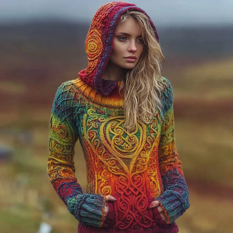 Women's Viking Celtic Knot With Irish Rainbow Art Cozy Knit Hooded Sweater artswardrobe