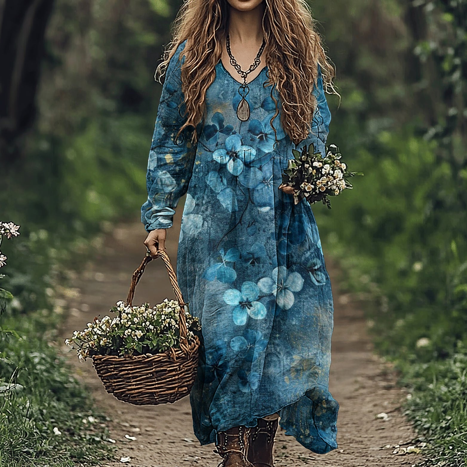Women's Vintage Flowers Art Linen Blend Maxi Dress elevenforest