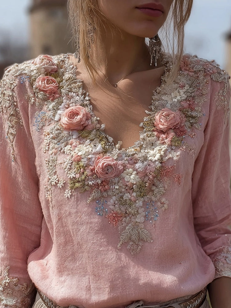 Vintage Boho Pink Roses Embroidered V Neck Linen Tunic elevenforest