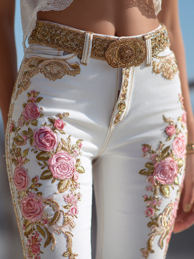 Women's Bohemian Style Pink Rose Embroidery Jeans elevenforest