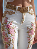 Women's Bohemian Style Pink Rose Embroidery Jeans elevenforest