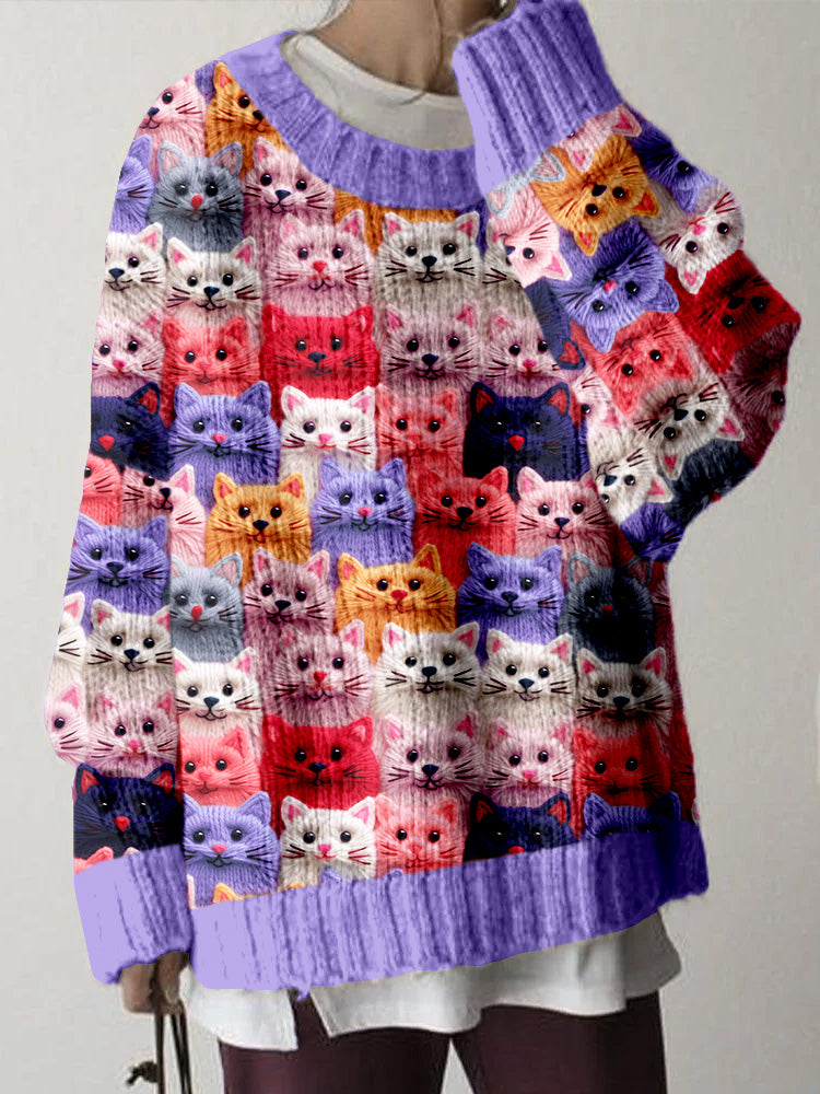 Colorful Cute Cats Pattern Cozy Knit Sweater elevenforest