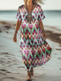 Women's Art Floral Hippie Vintage Print V Neck Dress