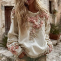Women's Pink Rose Embroidery Art Round Neck Long Sleeve Sweatshirt elevenforest