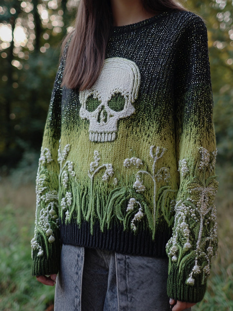 Retro Lily Of The Valley & Skull Embroidered Cozy Knit Sweater elevenforest