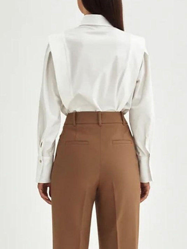 Long Sleeves Loose Buttoned Color Lapel Blouses&shirts Tops
