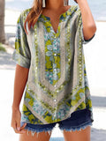 Women's Bohemian Floral Art Print Casual Cotton And Linen Shirt