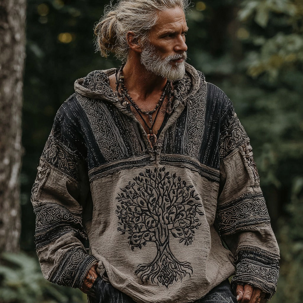 Men's Viking Nordic Life Of Tree Knot And Color Block Bohemian Hoodie elevenforest