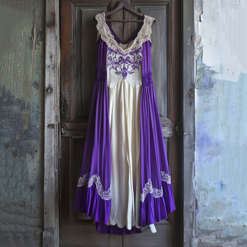 Boho Gradient Lavender Embroidered Pattern Lace Linen Dress elevenforest