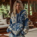 Vintage Bohemian Floral With  Japanese Traditional Sashiko Patchwork Art Embroidery Inspired  Hooded Sweater elevenforest