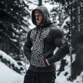 Men's Viking Tribal Wolf Jacquard Celtic Inspired Chunky Knit Hooded Sweater elevenforest