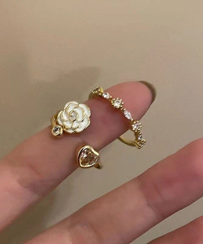 Camellia Heart Ring Design Open Adjustable Finger Two-piece Set