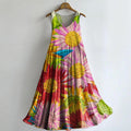Women's Bohemian Sunfloral Art Print Crew Neck Sleeveless Cotton Pocke