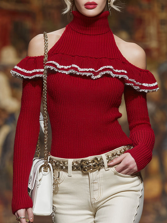 High-neck Off-shoulder Long-sleeved Pullover Sweater
