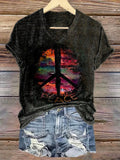 Women's Hippie Peace Art Print V-neck Casual T-Shirt