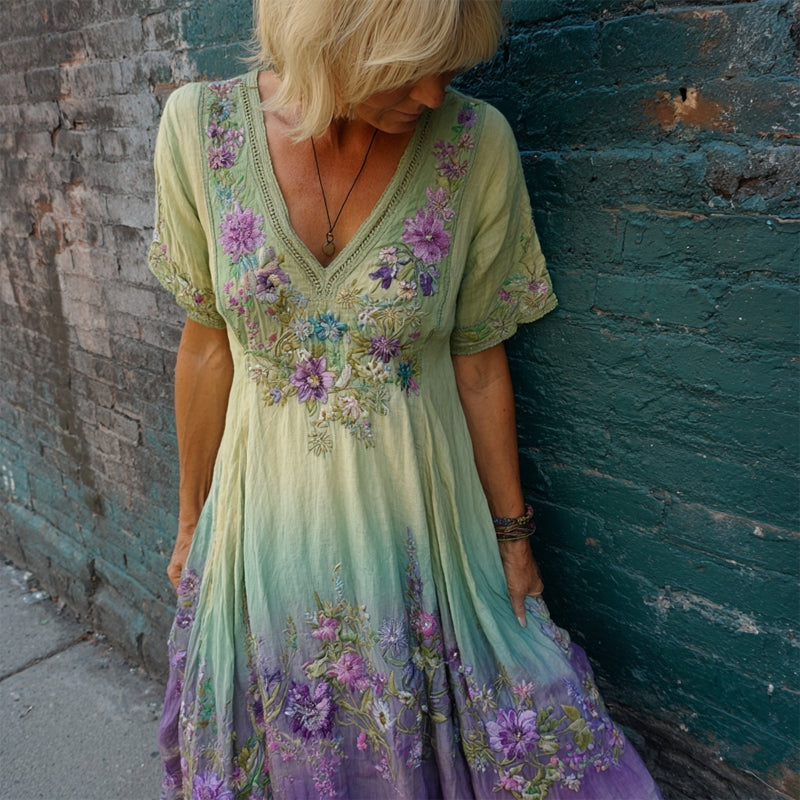 Purple Floral Embroidered Gradient Flowy Linen Maxi Dress elevenforest