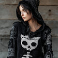 Halloween Cat Skeleton Patchwork Stitched Hooded Cozy Knit Sweater elevenforest