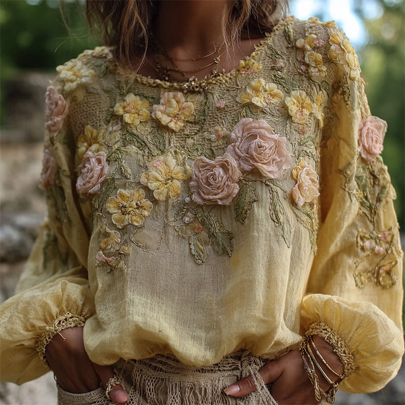 Boho Roses Floral Glitter Embroidered Flowy Linen Tunic elevenforest