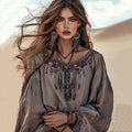 Boho Floral Embroidery Round Neck Cotton Blend Blouse elevenforest