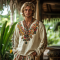 Men's Bohemian Holiday Style Linen Printed Casual Long Sleeve Tops elevenforest