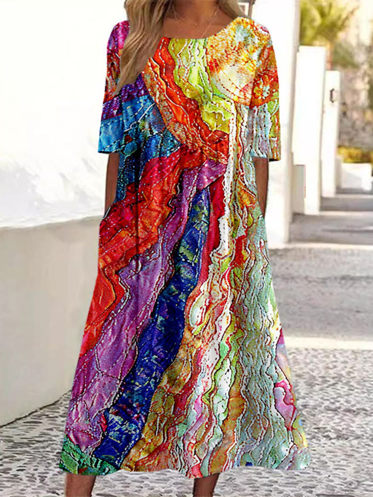 Colorful Boho Patchwork Linen Blend Maxi Dress elevenforest