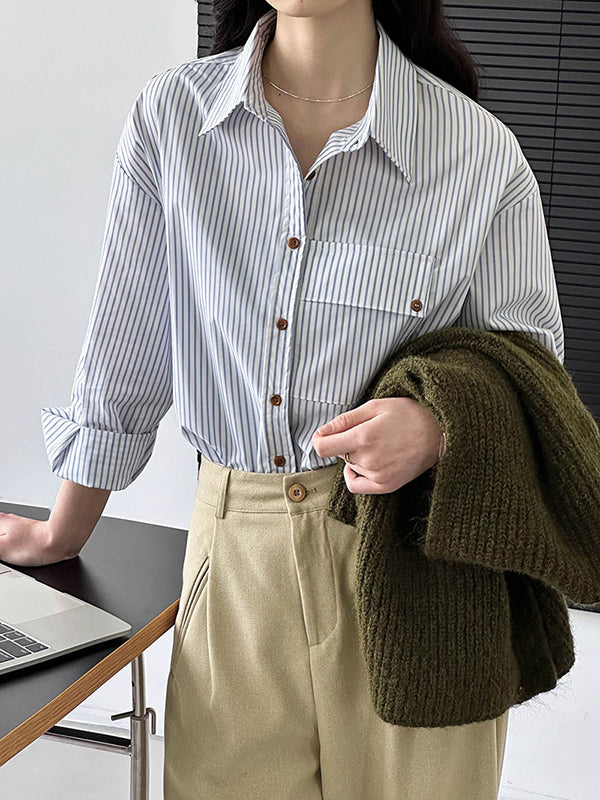 Long Sleeves Loose Buttoned Pockets Striped Lapel Blouses&shirts Tops