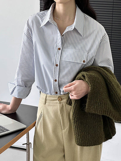 Long Sleeves Loose Buttoned Pockets Striped Lapel Blouses&shirts Tops