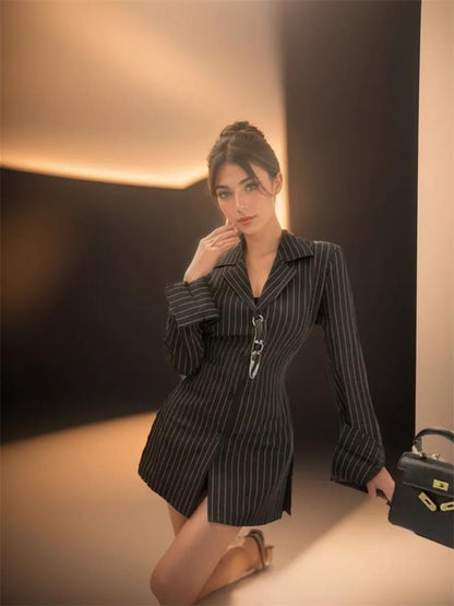 Blouses Black Stripe Slim Fit Shirts Long Sleeve Top Korean Office Lady Aesthetic Shirt