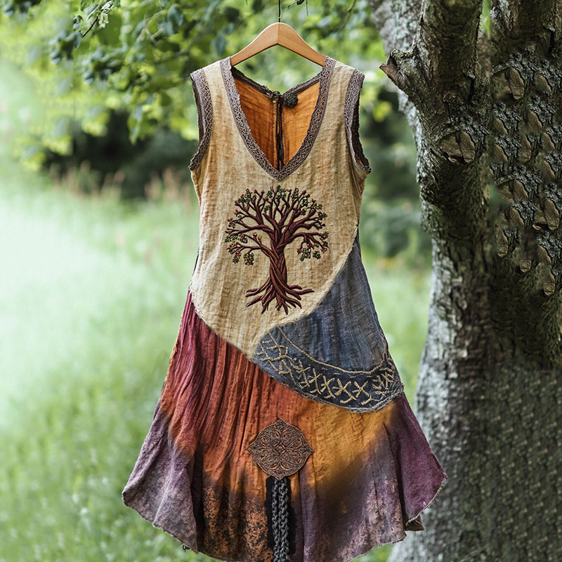 Women's Viking Celtic Knot Art Tree Of Life Patchwork Linen Midi Dress elevenforest