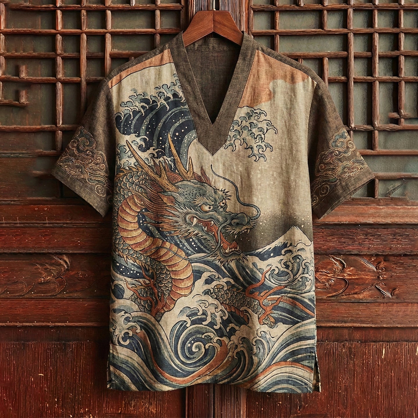 Men's Japanese-style Linen Dragon And Wave Art Linen Shirt elevenforest