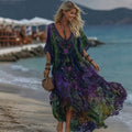 Women's Vintage  Love Heart With Floral Embroidery Tie-dye Art V-neck Short Sleeve Kaftan elevenforest